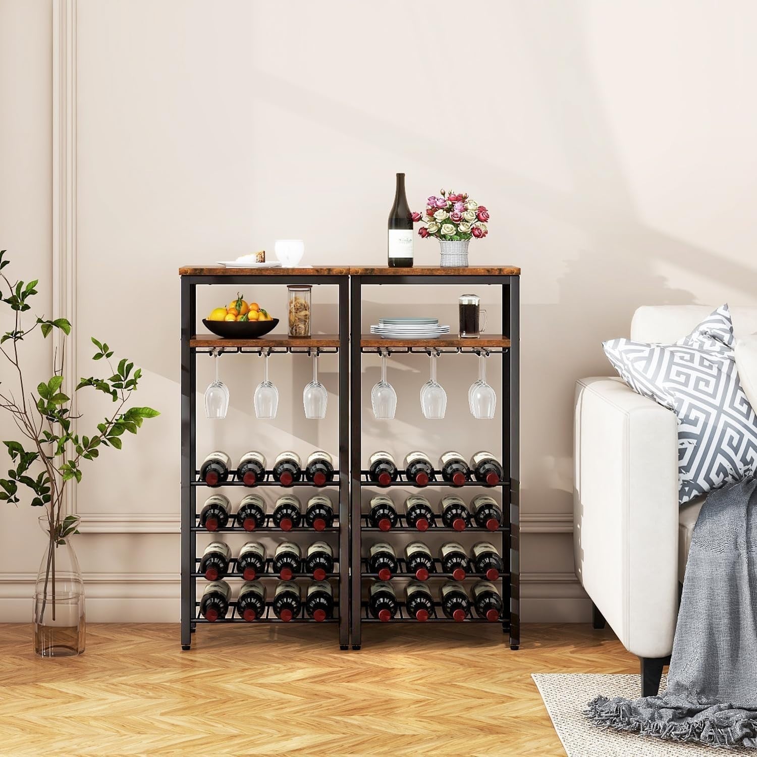 Wine Rack Freestanding with Glass Holder 16 Bottle Storage Shelf Rustic