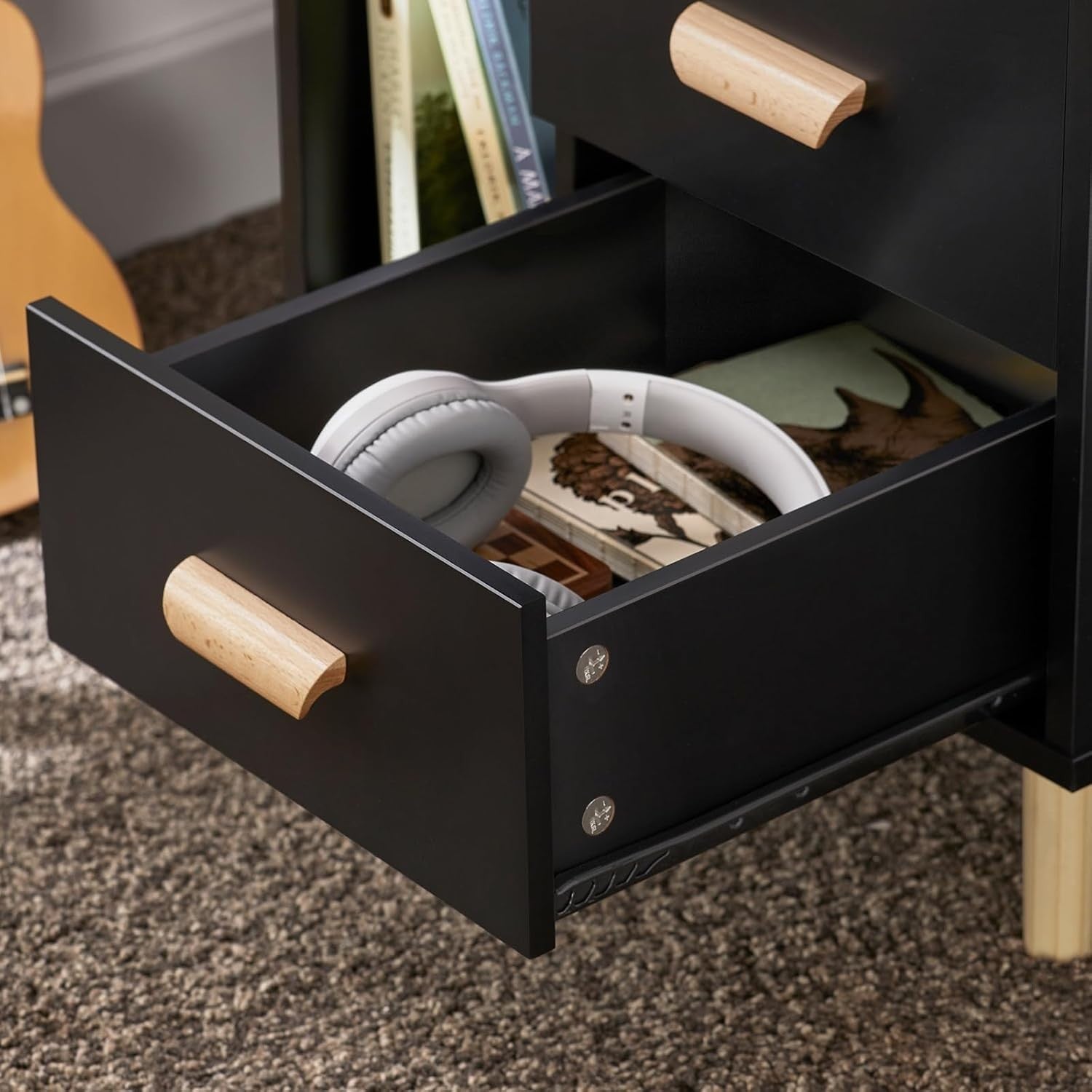 Modern Black 3 Drawer Bedside Table with Shelves – Wooden Storage Cabinet