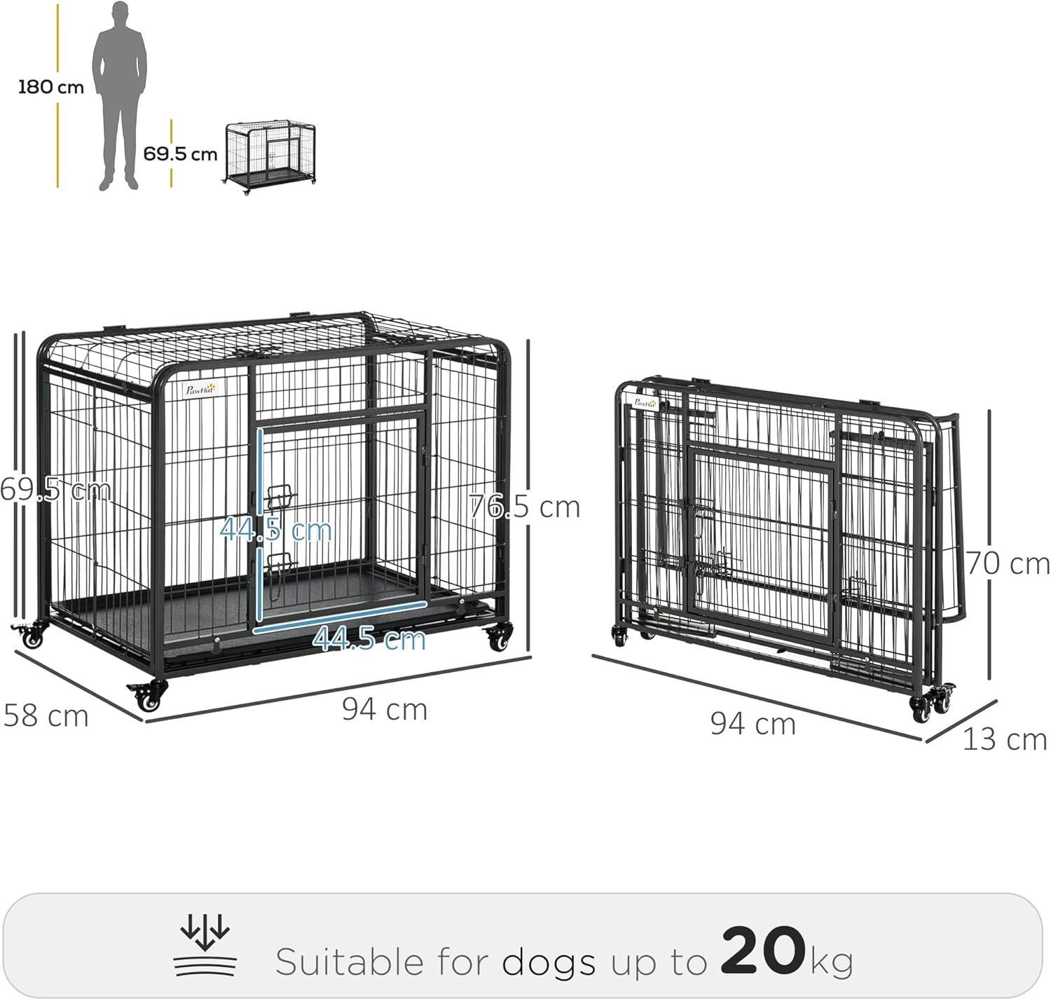 Metal Dog Cage with Locking Door, Wheels & Removable Tray 94x58x70cm