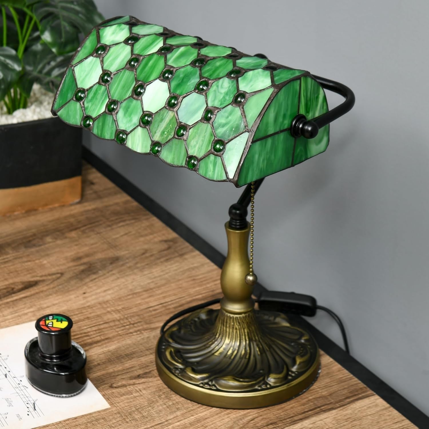Vintage Stained Glass Table Lamp with Green Shade & Adjustable Light, 38cm