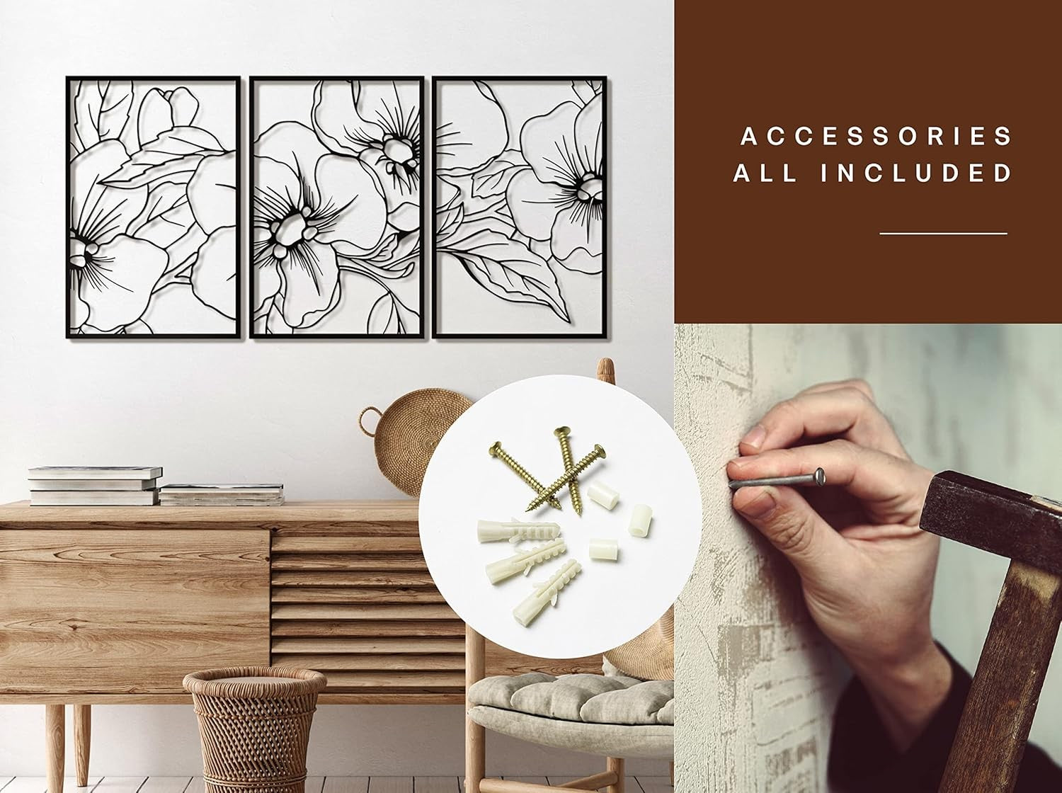 Black Minimalist Floral Wall Art 18x12in 3-Pack Metal Decor