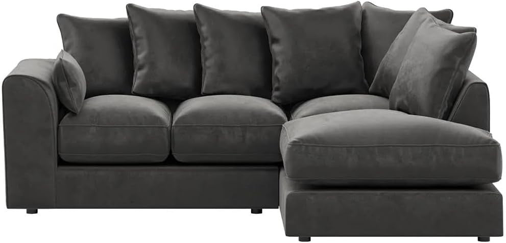 Grey Plush Velvet Corner Sofa with Footstool – 4 Seater RH L Shape Suite