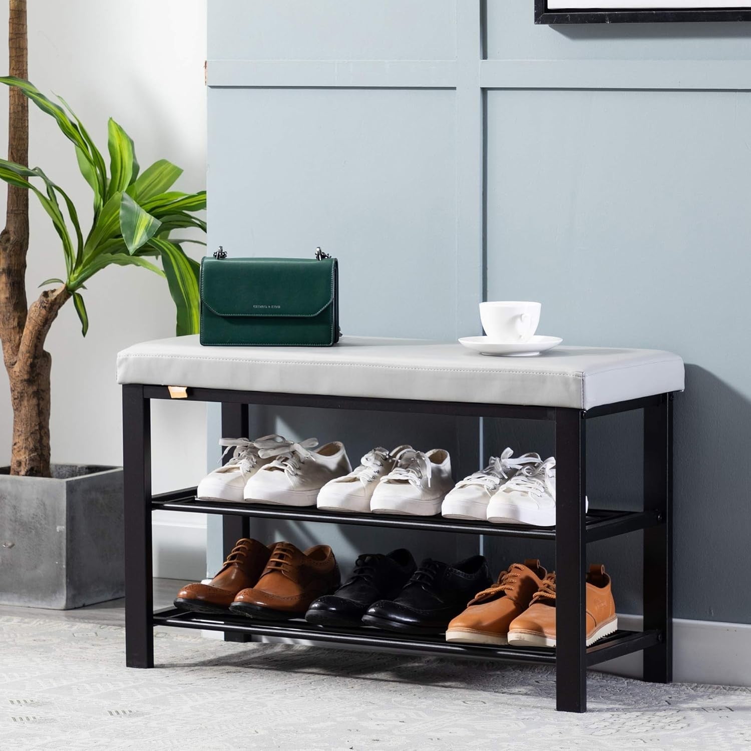 Light Grey Faux Leather Shoe Storage Bench – 3-Tier Hallway Seat Rack