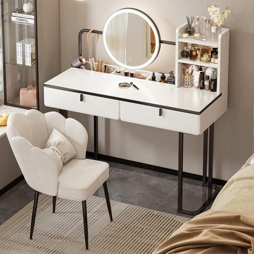 Vanity Makeup Dressing Table Set Stool LED Light Mirror Storage White & Black