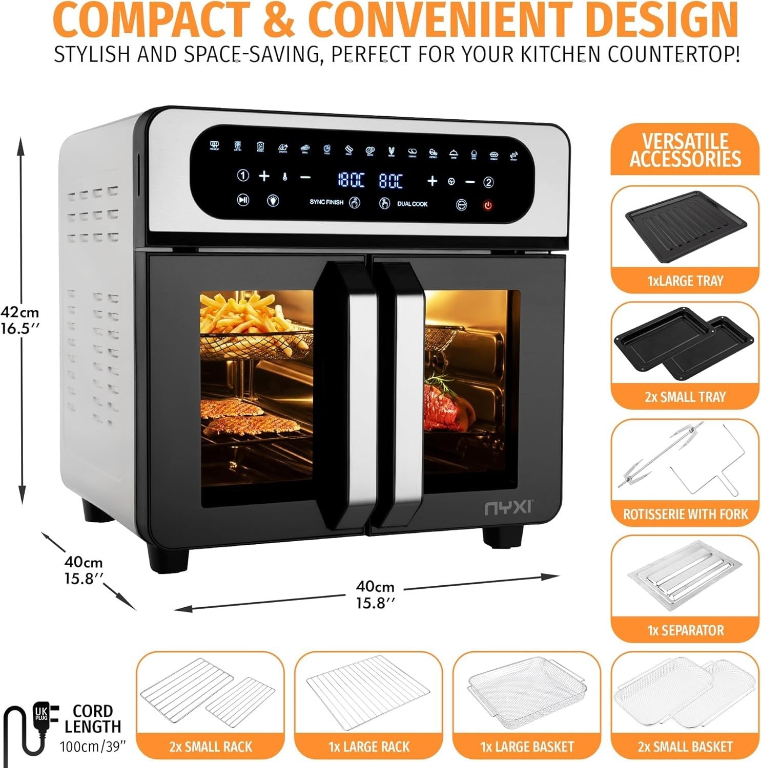 20L Air Fryer Oven French Doors 2200W 13 Modes Touchscreen 12 Accessories