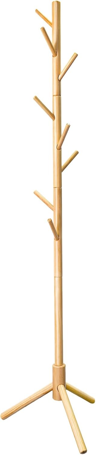 Bamboo Coat Rack Freestanding with 8 Hooks | Wooden Hall Tree Stand for Entryway