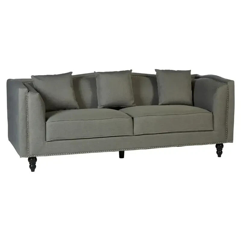 Grey Fabric 3 Seater Sofa w/ Silver Studs, Tuxedo Arms & Wood Feet