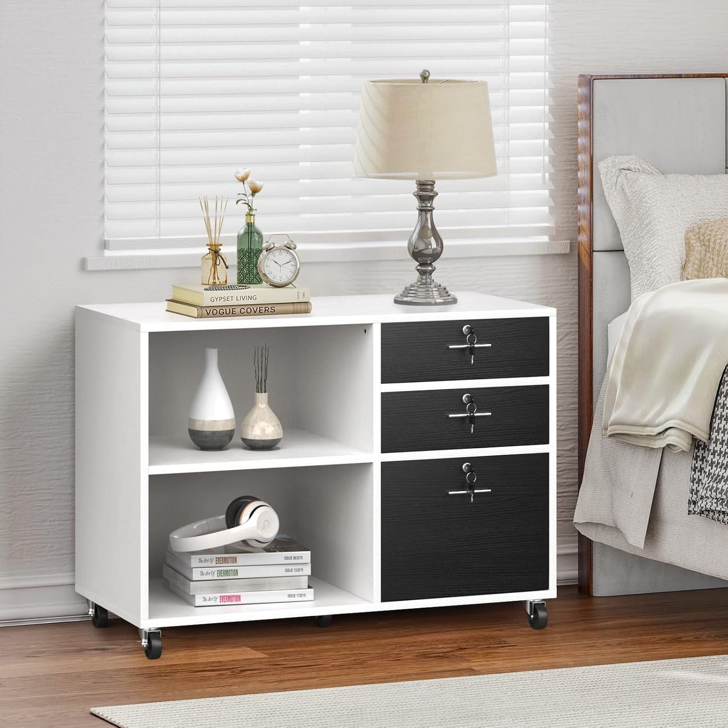 3 Drawer Mobile Wood File Cabinet Printer Stand with Shelves White Black