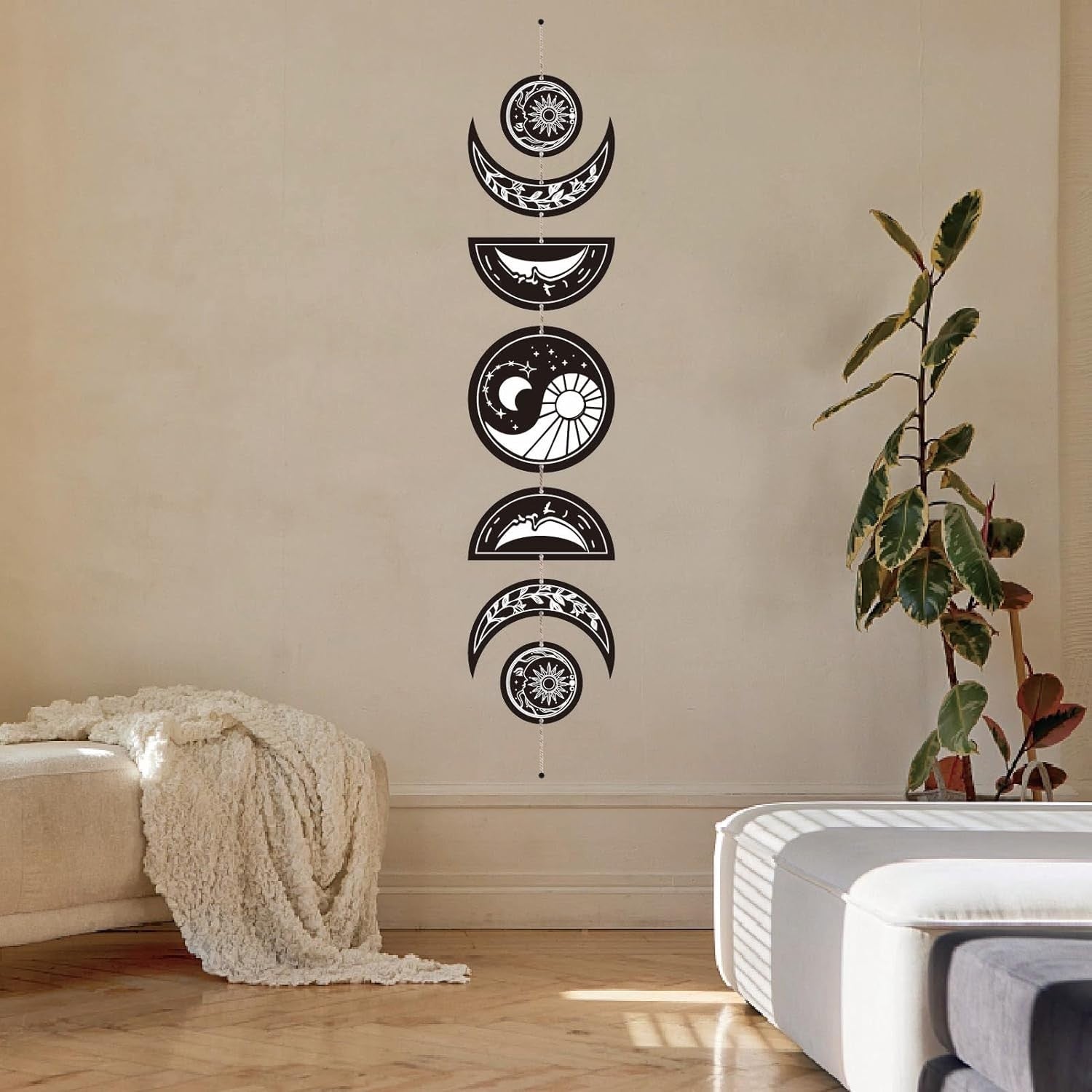 Moon Phase Wall Decor Wooden Boho 7-Piece Yin Yang Art
