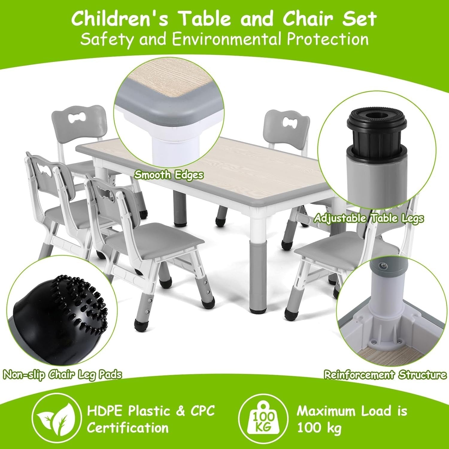 Adjustable Kids Table & 6 Chairs Set – Safe, Ergonomic, Large 120x60cm Surface