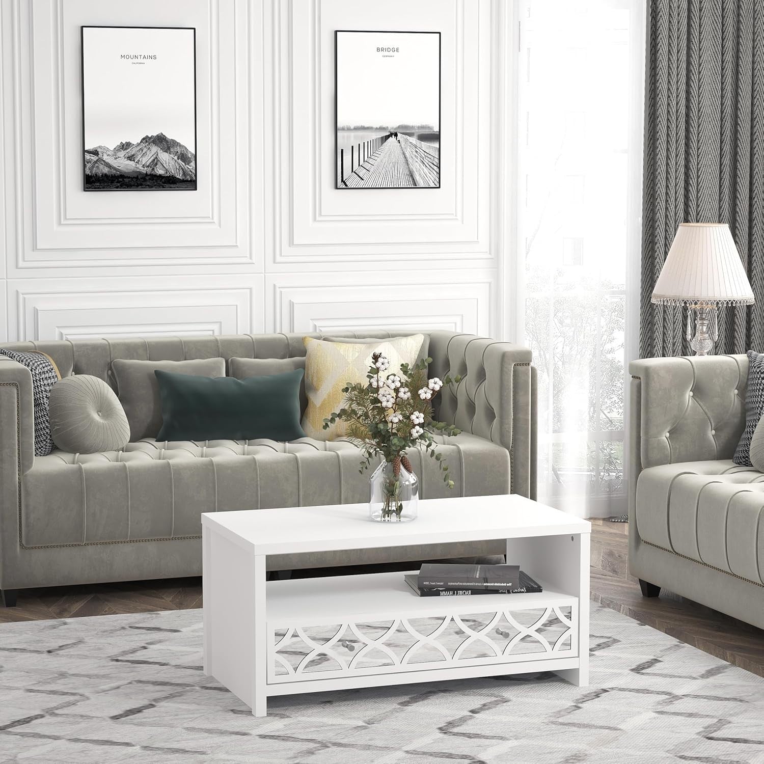Modern Mirrored Coffee Table with Drawer – Space-Saving White Storage