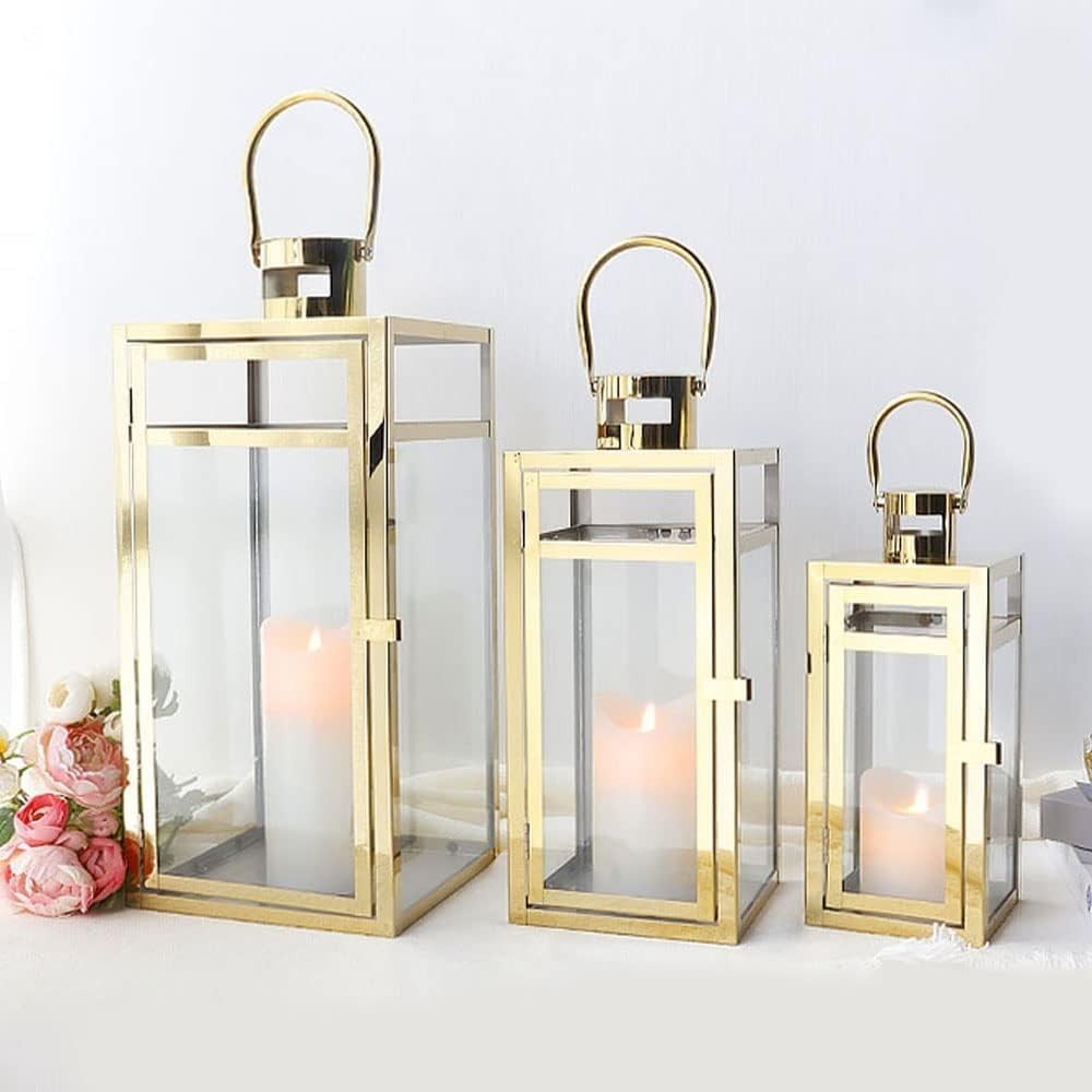3 Pack Gold Stainless Steel Candle Lanterns Indoor Outdoor Decor
