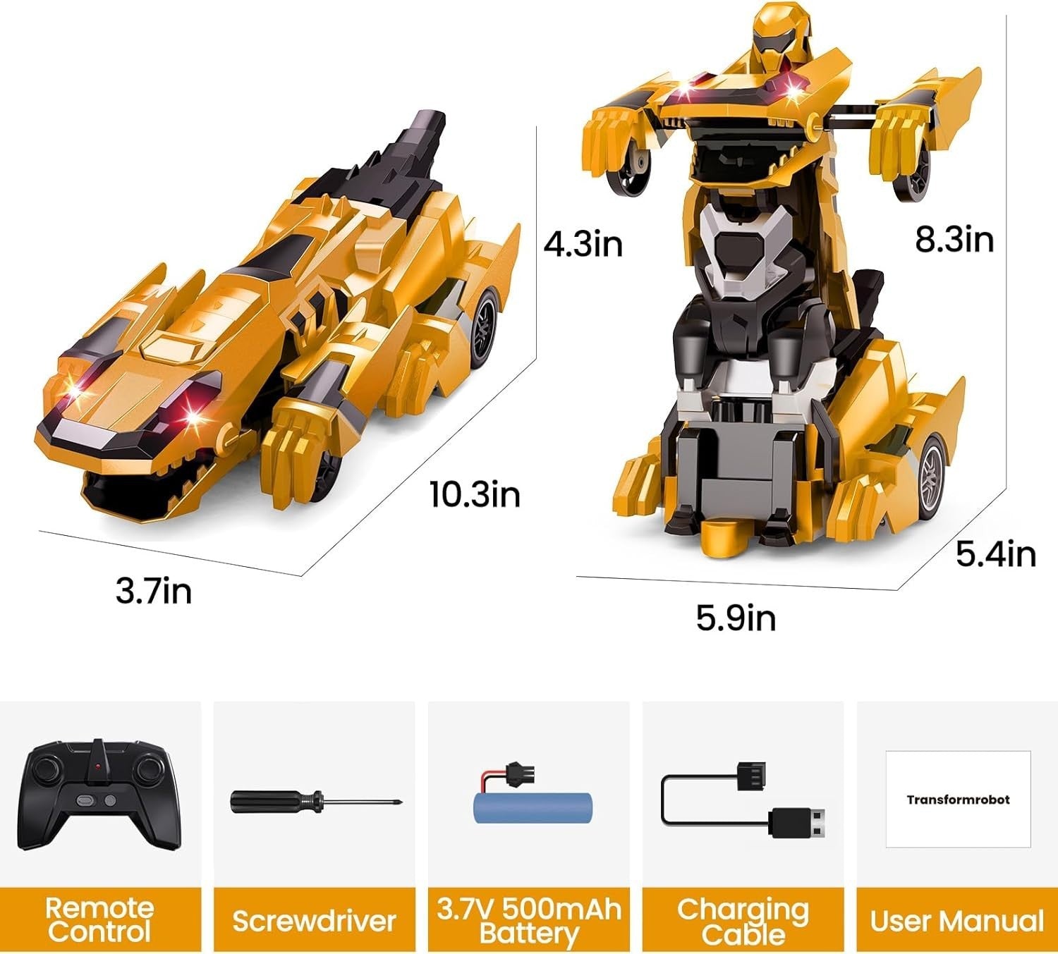 Yellow Transforming Dinosaur RC Car Robot 360° Spin LED Remote Kids Toy
