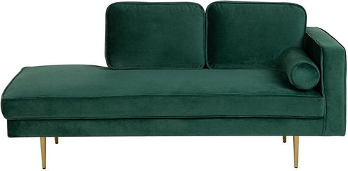 Emerald Green Velvet Chaise Lounge | Gold Legs, Cushions, 171cm Wide