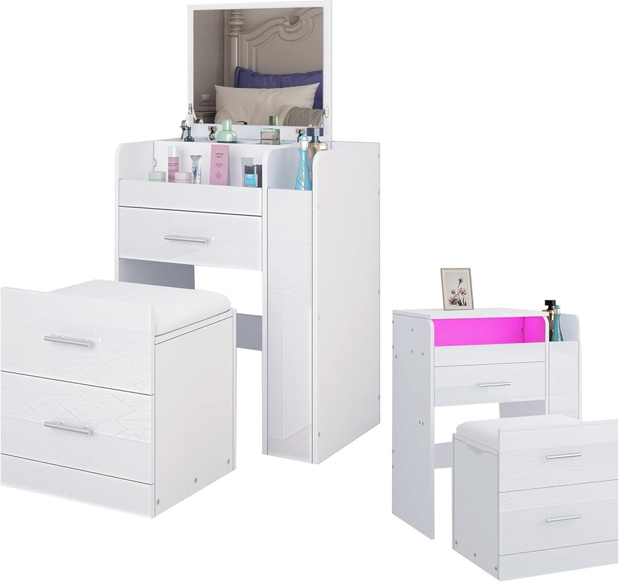 White Dressing Table Vanity Set 90° Flip Mirror LED Lights Drawer Desk