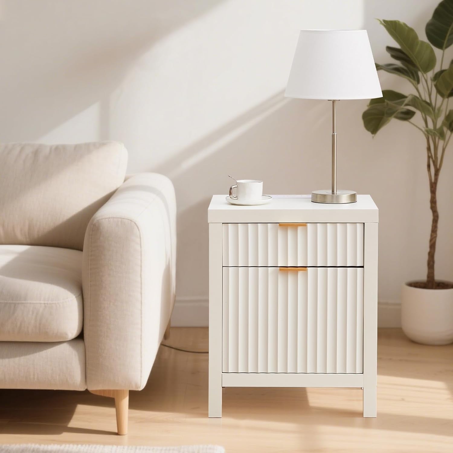 Set of 2 Modern White Bedside Tables with USB Charging Ports, 2 Drawers 60x50cm