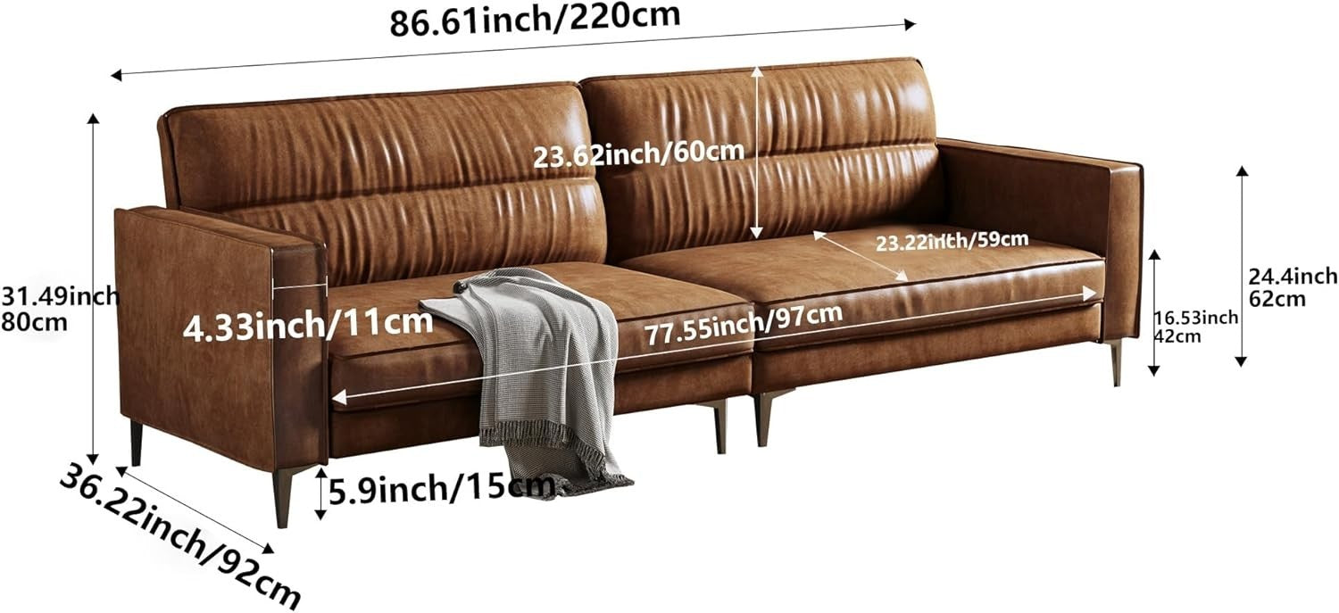 Luxury Brown Leather Sofa 3 Seater Modern Chesterfield Metal Legs 220cm