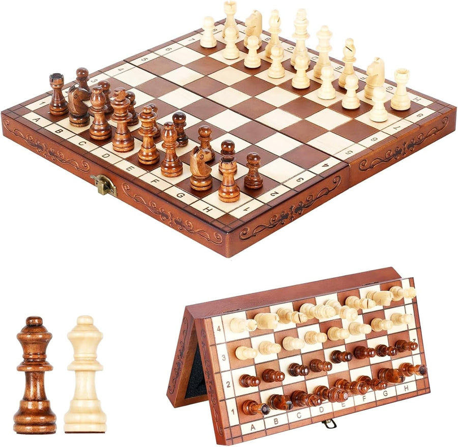 11.4" Magnetic Folding Wooden Chess Set with Storage Slots for Travel