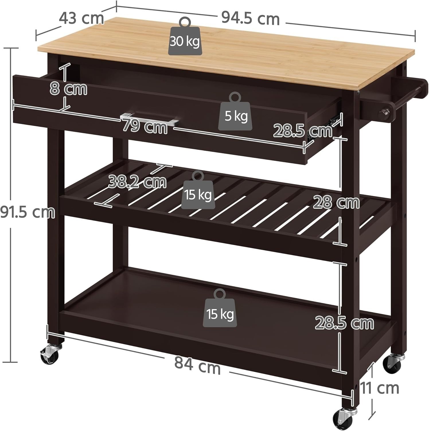 Rolling Kitchen Island Trolley Cart with Bamboo Top, Drawer & Shelves
