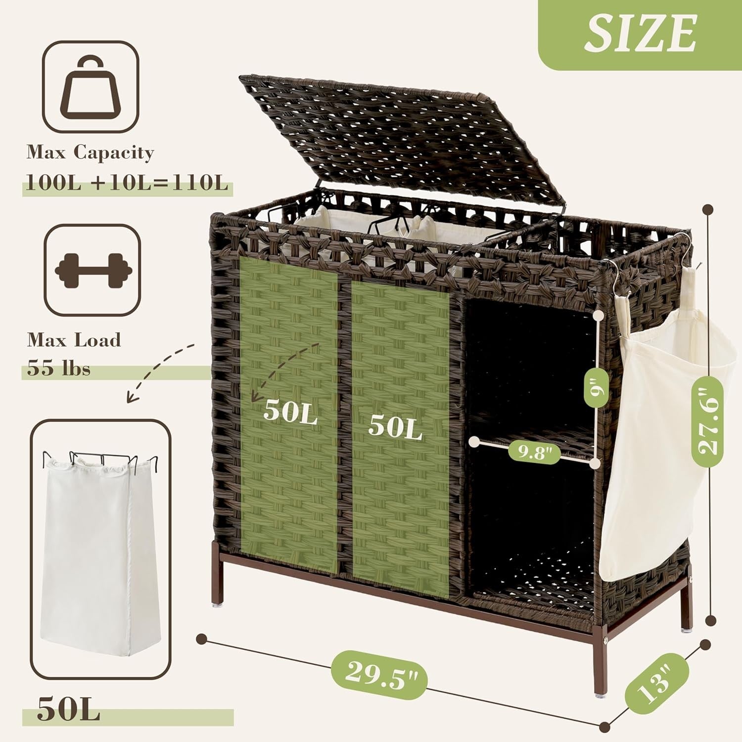 110L Brown Rattan Laundry Hamper 2 Section with Lid Wicker Basket Shelf Unit