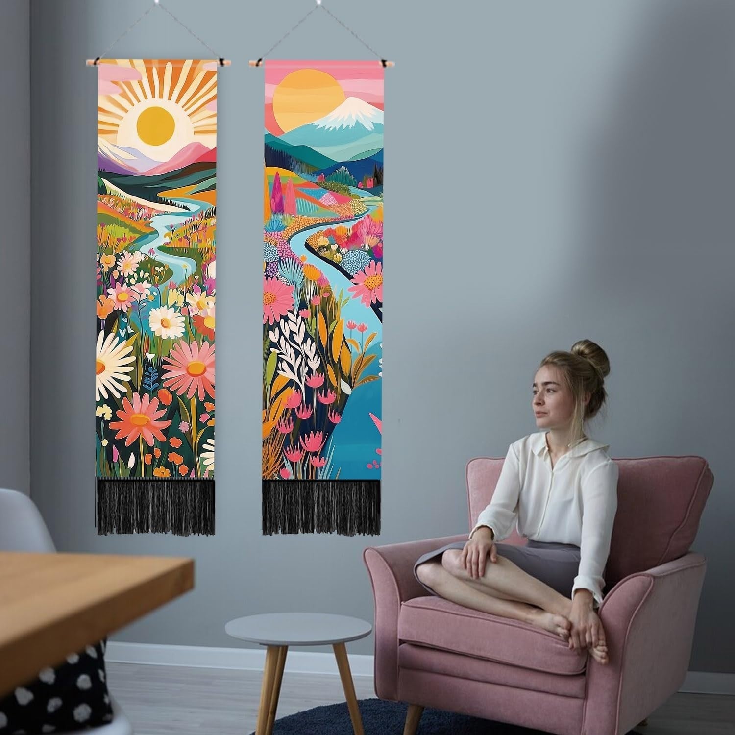 2-Pack Boho Abstract Landscape Tapestry 52"x13" Vertical Wall Decor