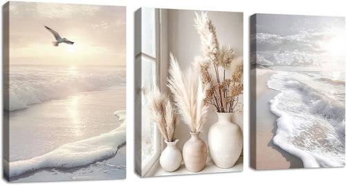 Boho Beach Canvas Wall Art Set 3 Beige Pampas Landscape Framed Prints 40x60cm