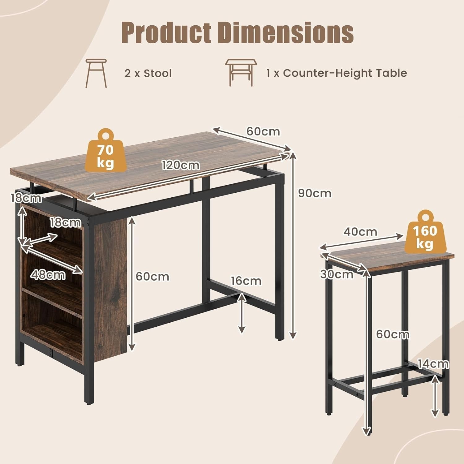 3 Piece Bar Table with Shelves & 2 Stools Space Saving Breakfast Dining Set Home