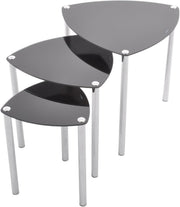Set of 3 Black Glass Triangle Nesting Tables Chrome Steel Frame Home Decor