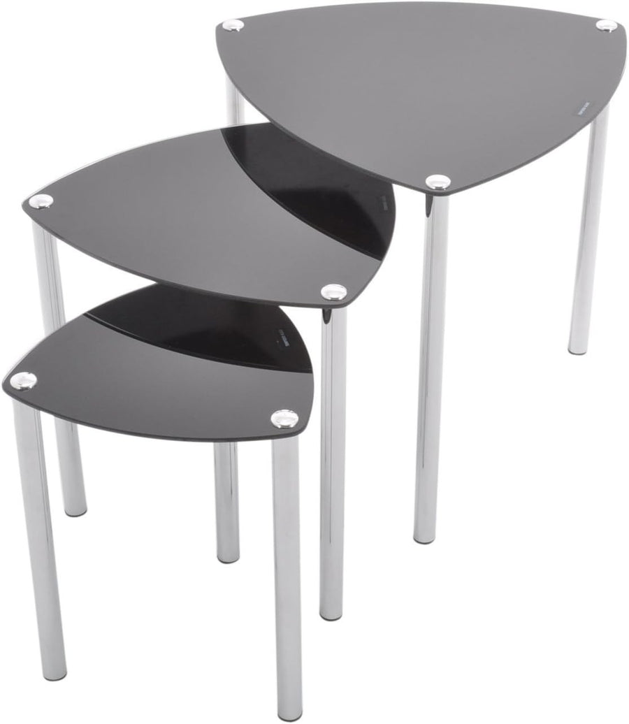 Set of 3 Black Glass Triangle Nesting Tables Chrome Steel Frame Home Decor