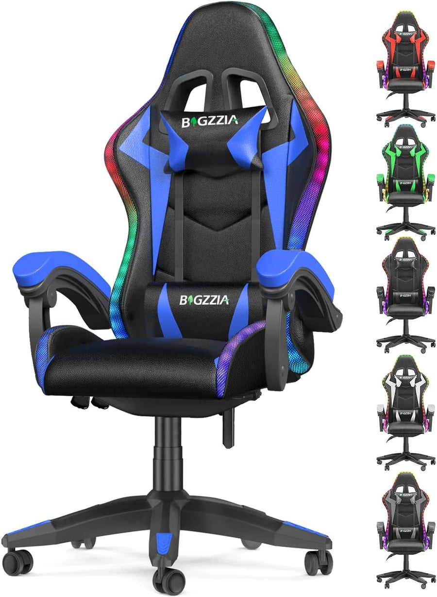 RGB Gaming Chair Recliner PU Leather w/ Lumbar Headrest