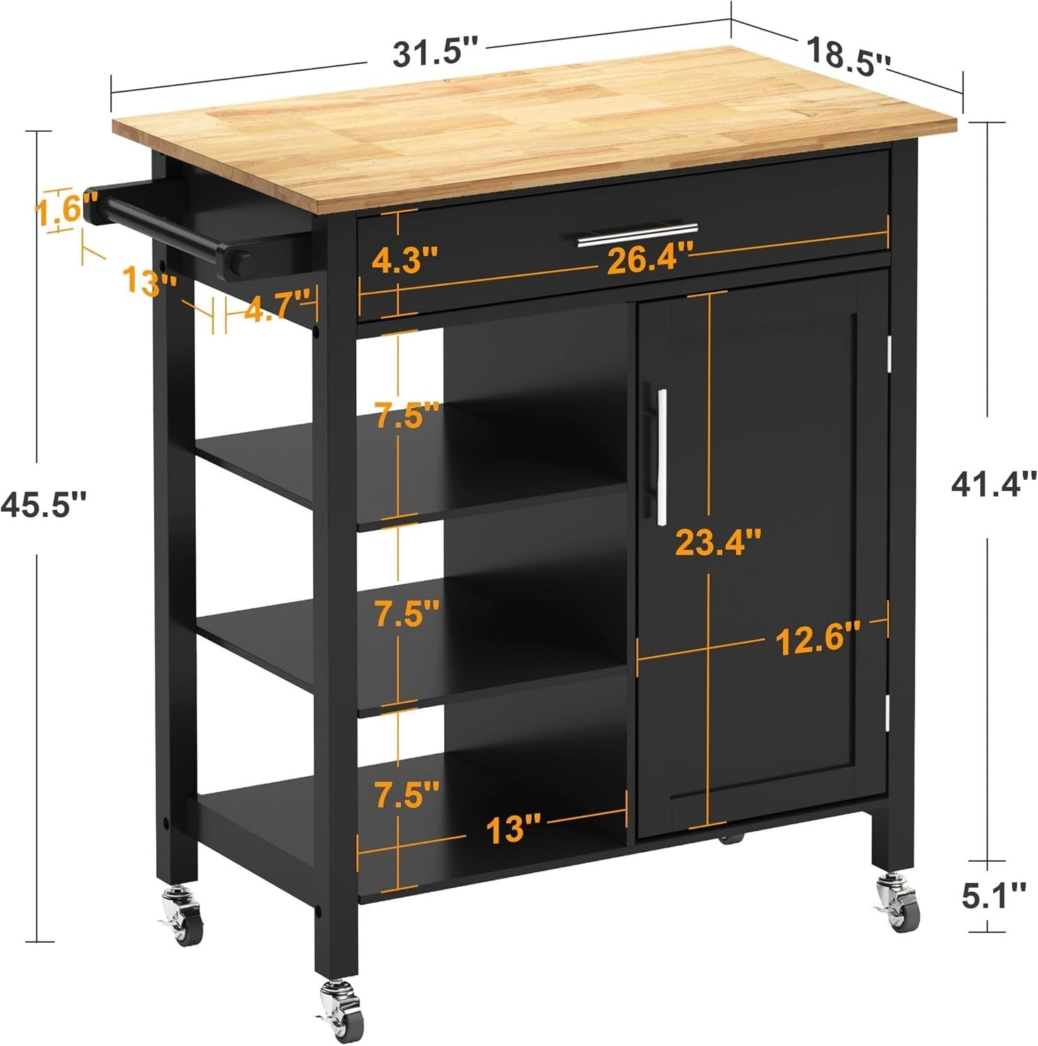 3-Tier Rolling Kitchen Island Cart with Drawer, Cabinet & Towel Rack, Black