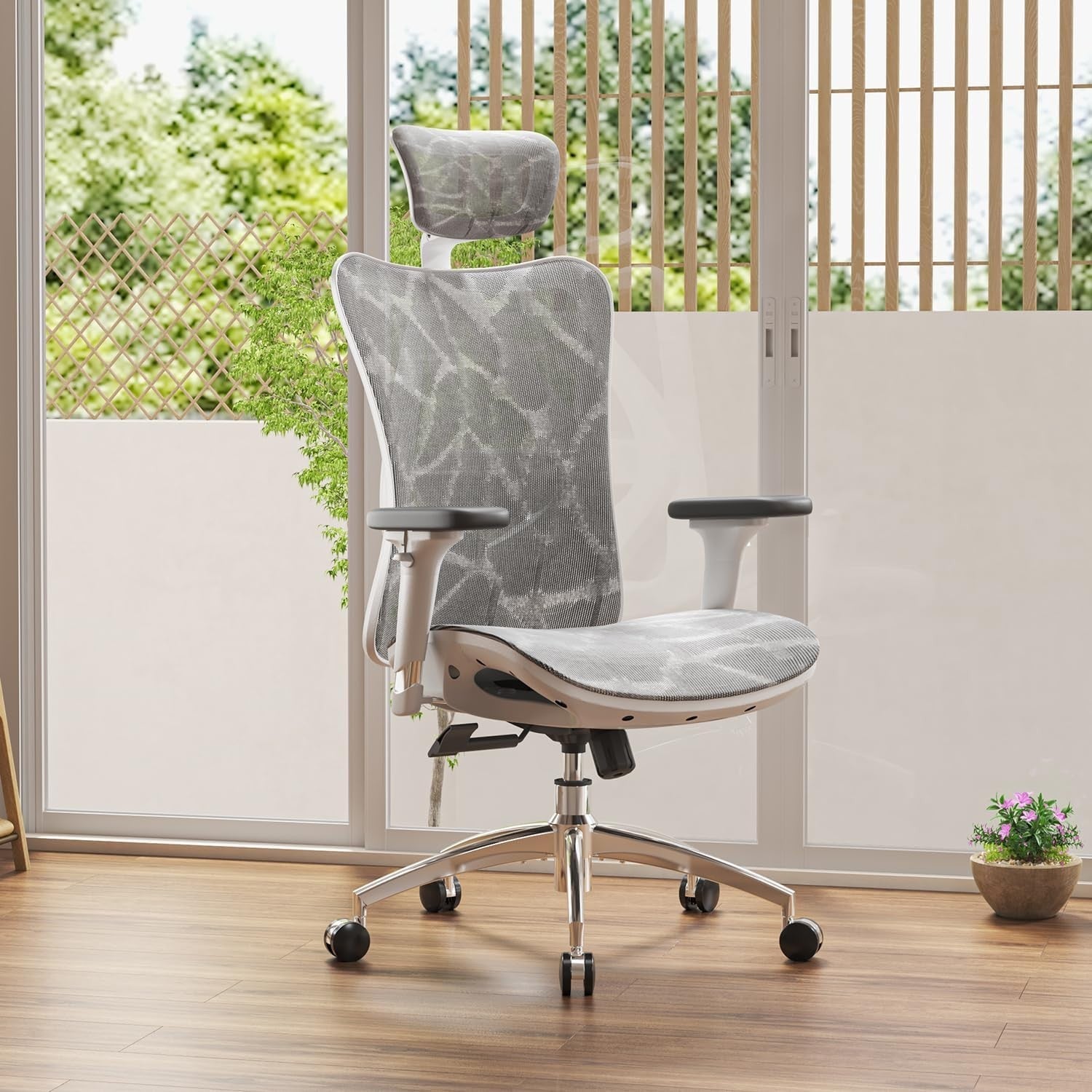Ergonomic Office Chair Light Gray Mesh Back 3D Armrest Adjustable Headrest