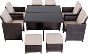 9PC Rattan Outdoor Dining Set 8-Seater with Cushions & Footrests - Modern Patio