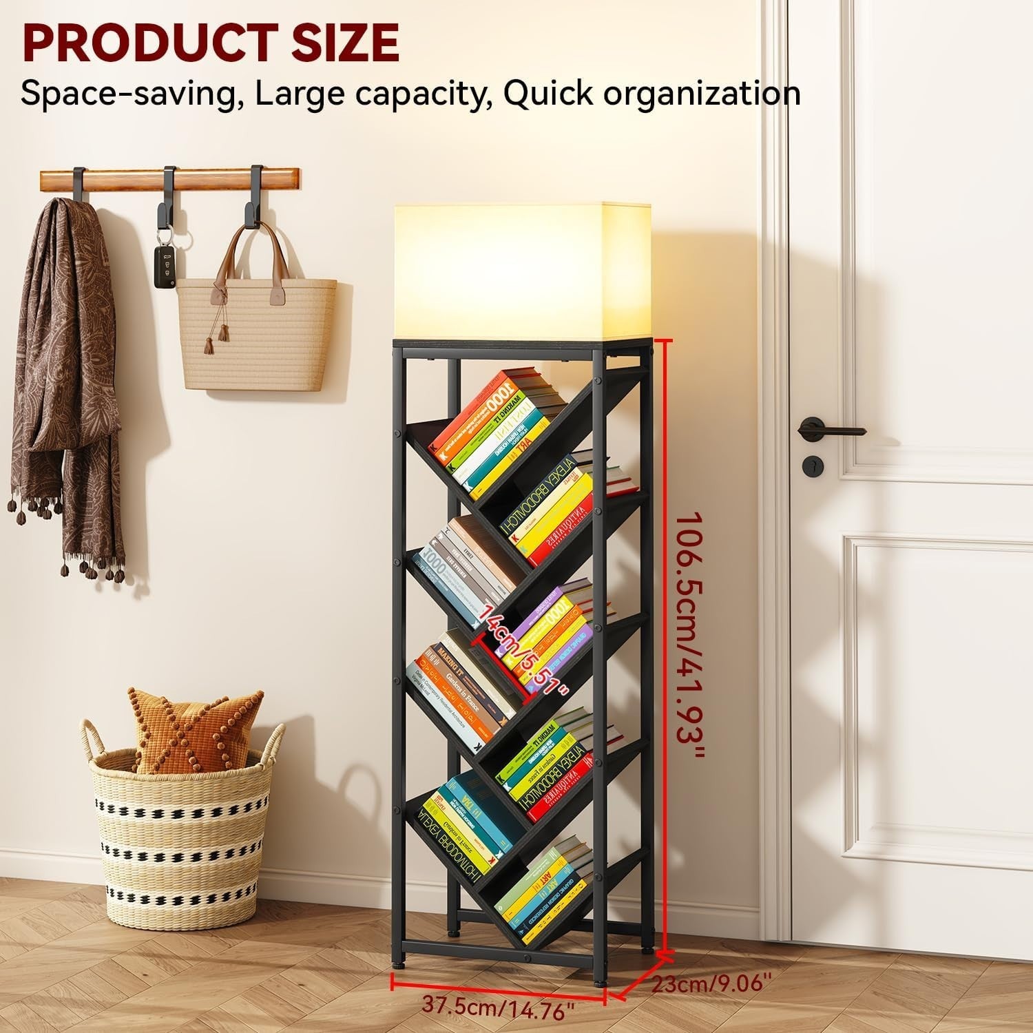 9-Tier Tree Bookshelf Black Wooden Floor Standing Corner Shelf Storage