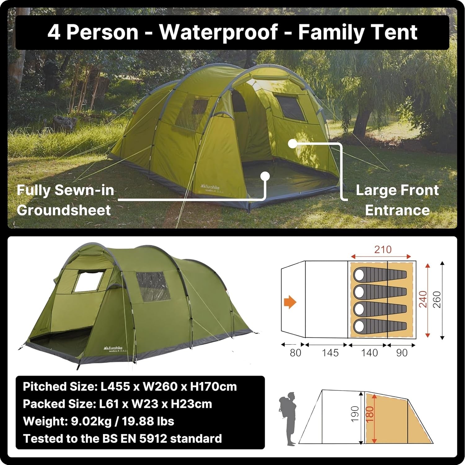 4 Man Family Camping Tent with Porch 2000mm Waterproof