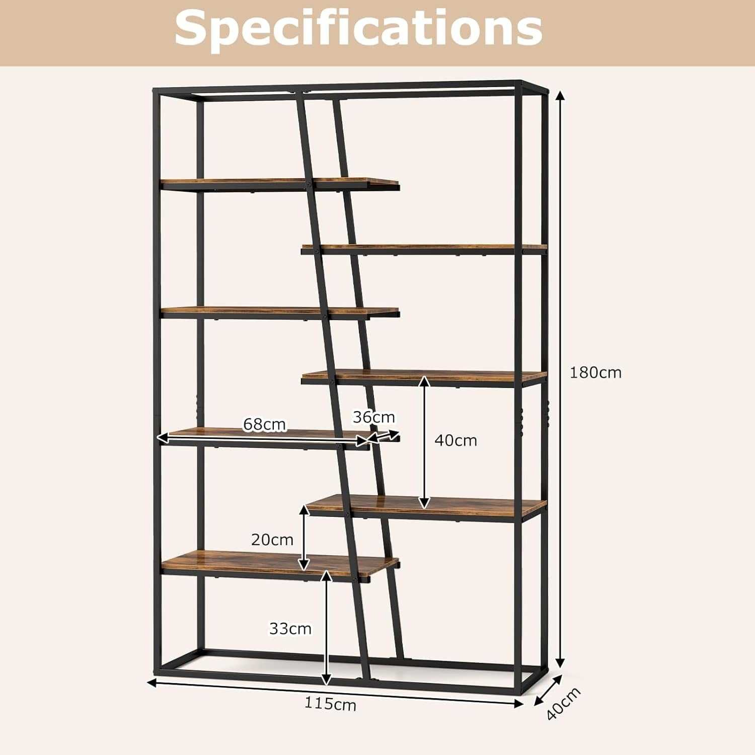 7-Tier Industrial Metal Bookshelf Large Rustic Wood Display & Storage Unit