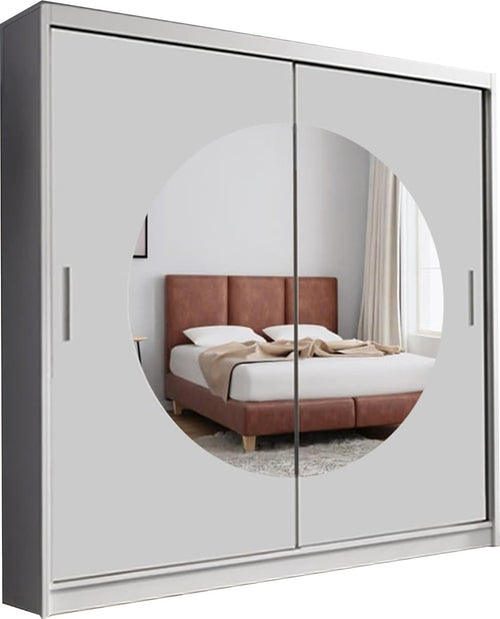 White 2-Door Sliding Wardrobe 150cm Moon-Shaped Mirror Bedroom Storage