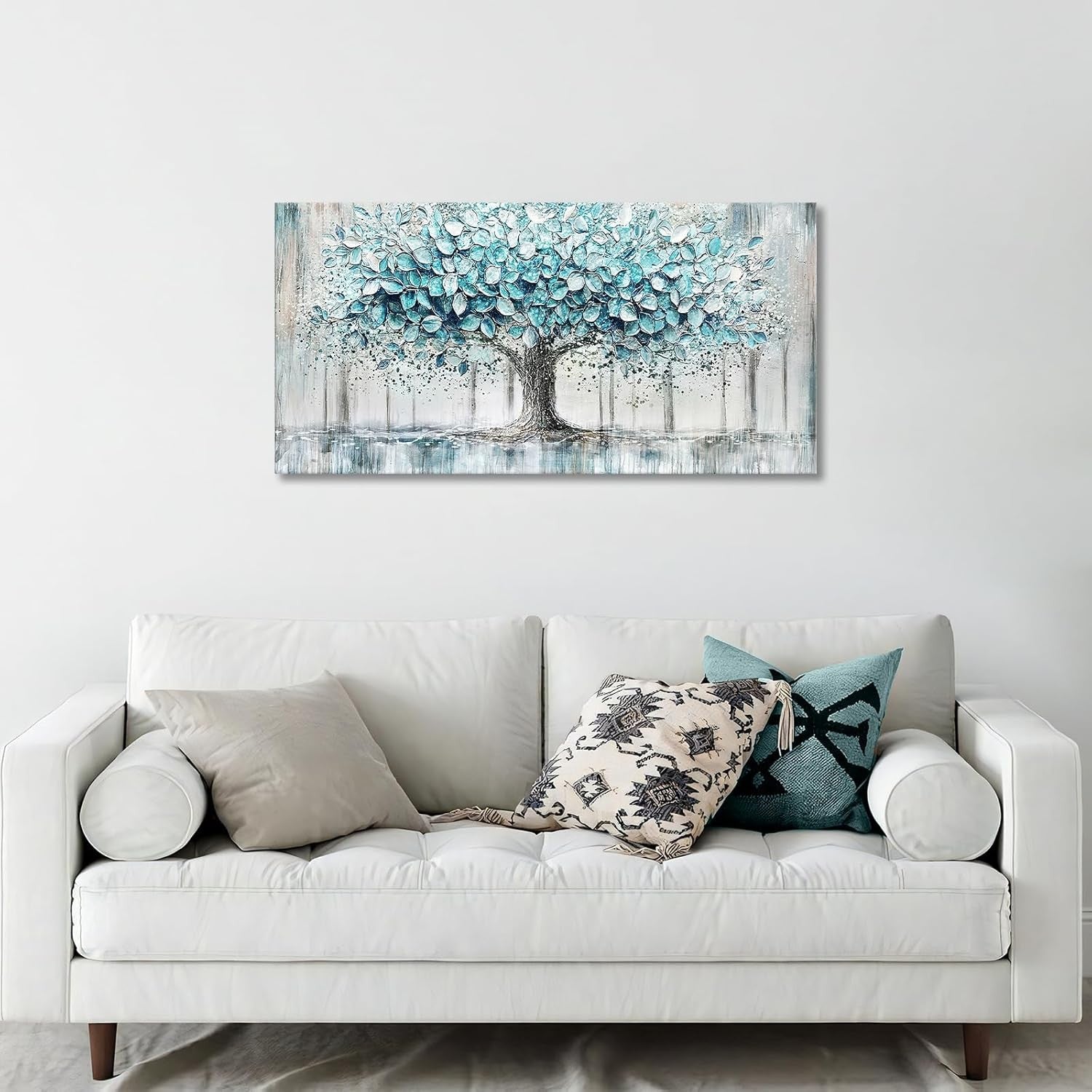 Large Tree of Life Canvas Wall Art Framed Teal 50x100cm