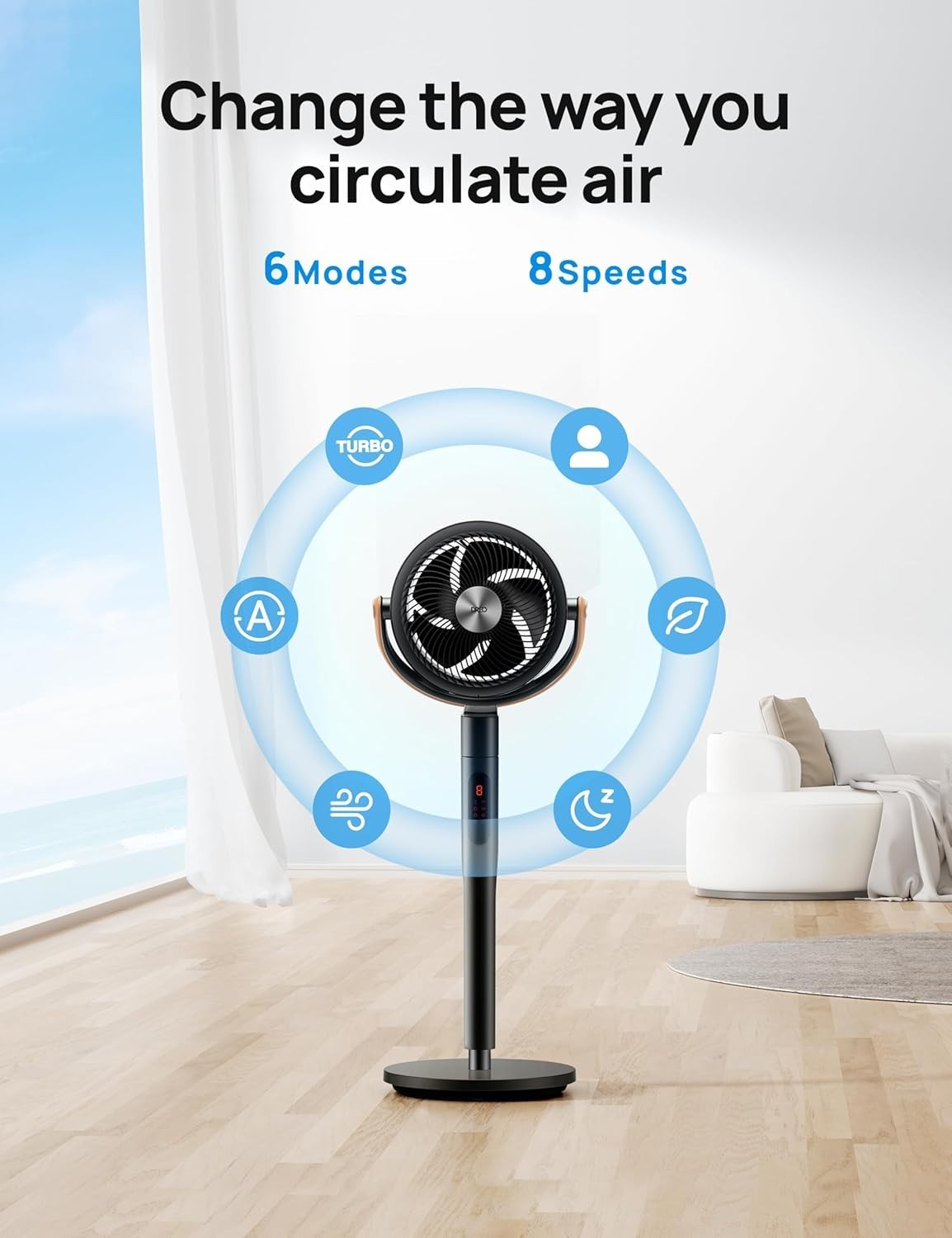 43-Inch Smart Standing Fan Black Quiet DC Motor 8-Speed Floor Fan w Remote App