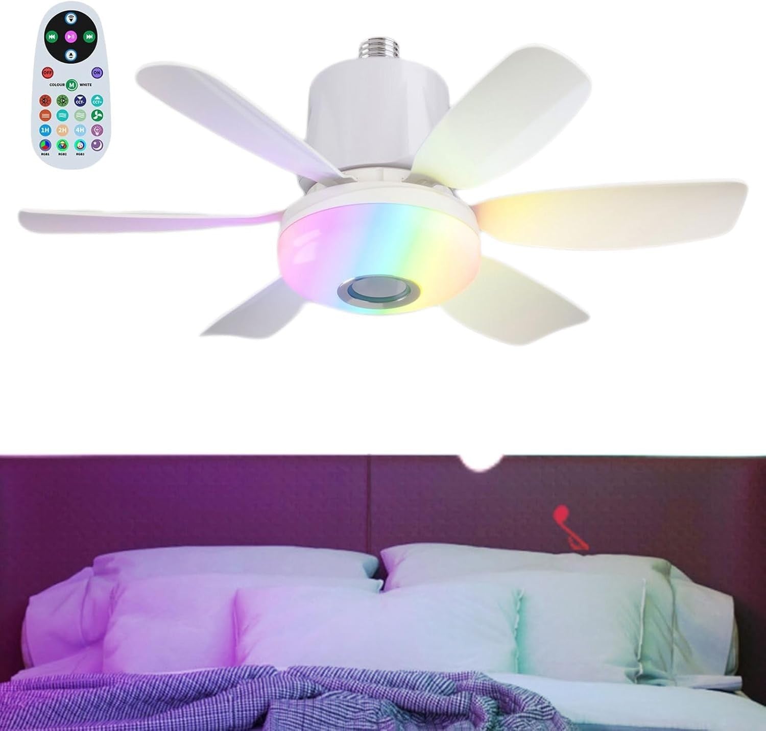 Lruvaqi 32W LED Ceiling Fan Light, 3-Speed RGB Music Fan – White