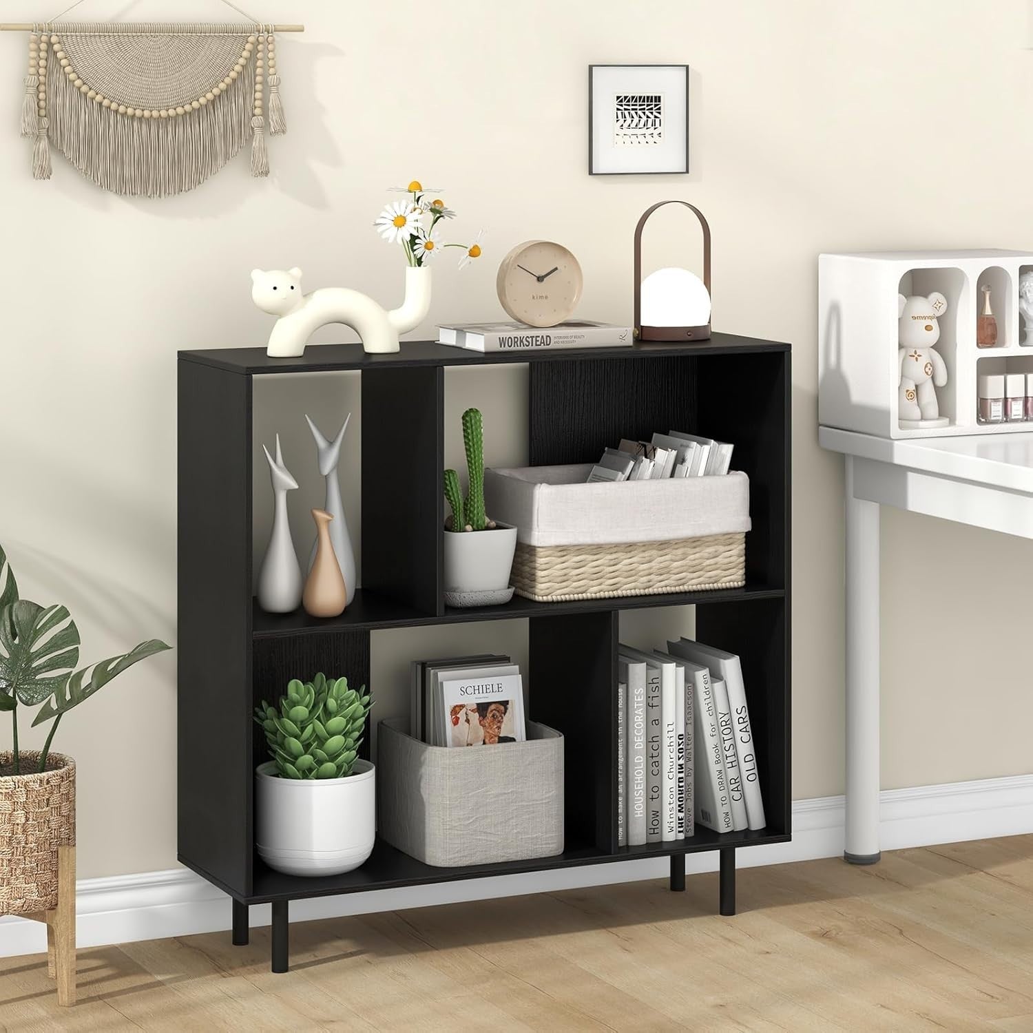 4-Cube Storage Bookcase Wooden Shelves Metal Legs Anti-Tip 90x30x90cm