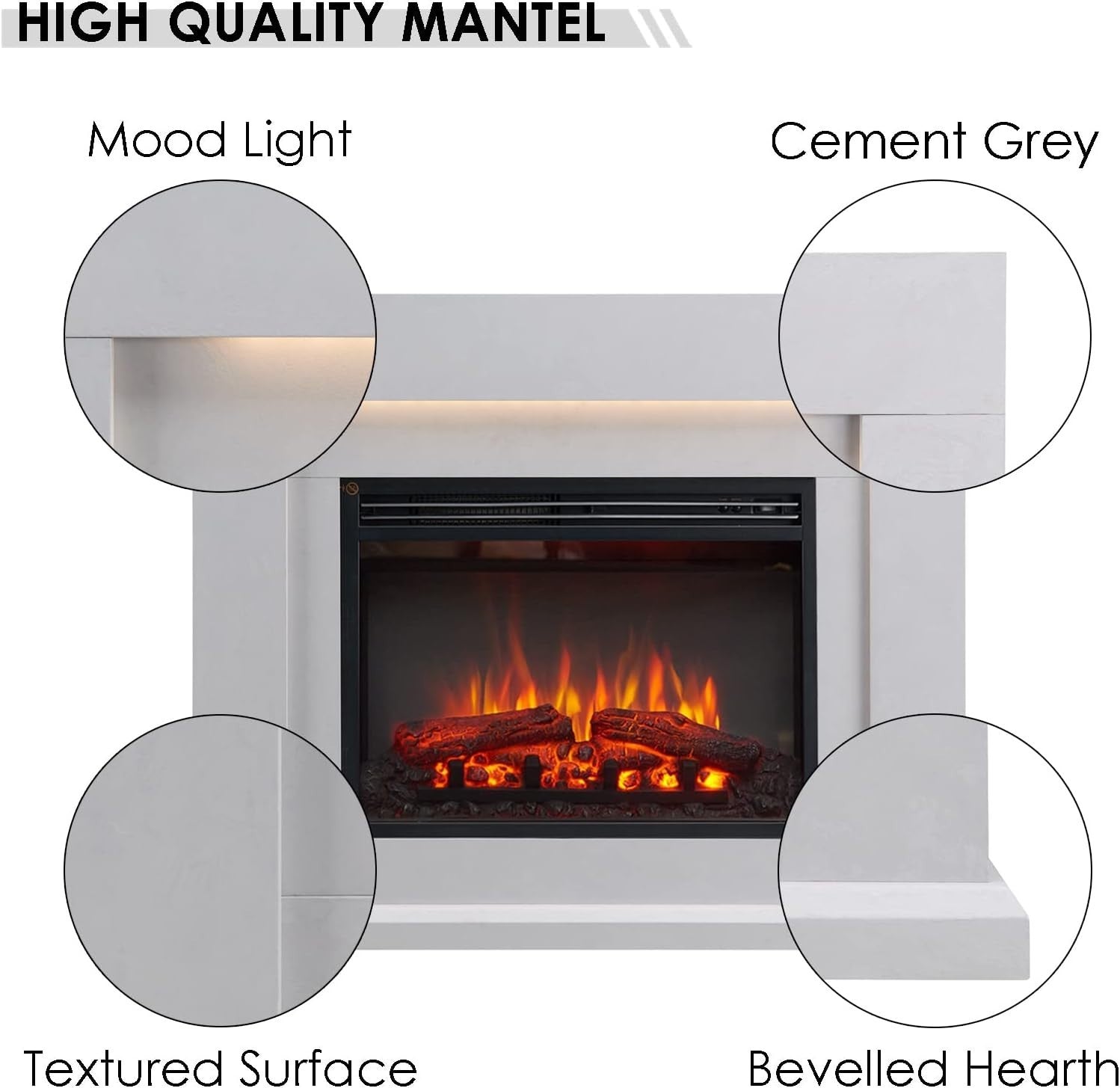 39" Electric Fireplace Suite 2kW Heater Cement Grey LED Fire Remote