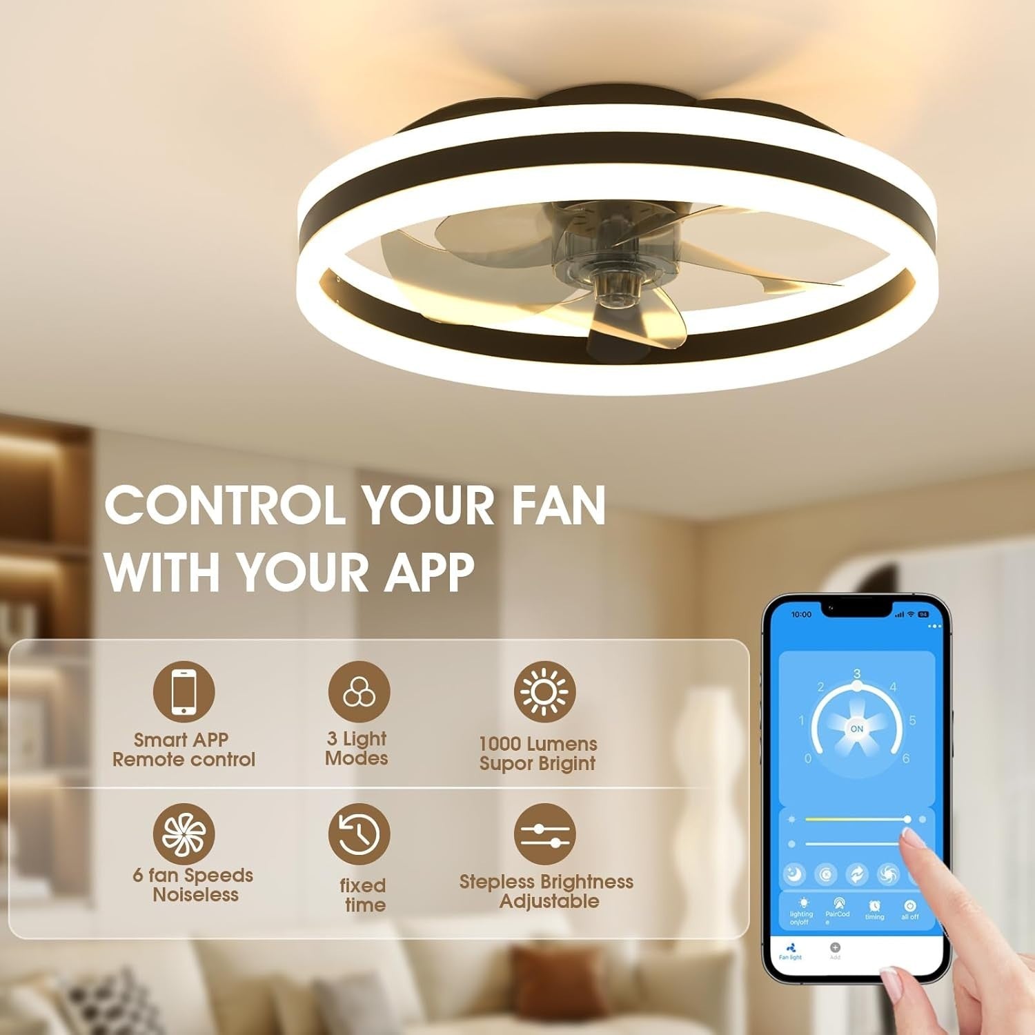 50cm LED Ceiling Fan Light Black, 6 Speeds Quiet Remote, Dimmable Modern