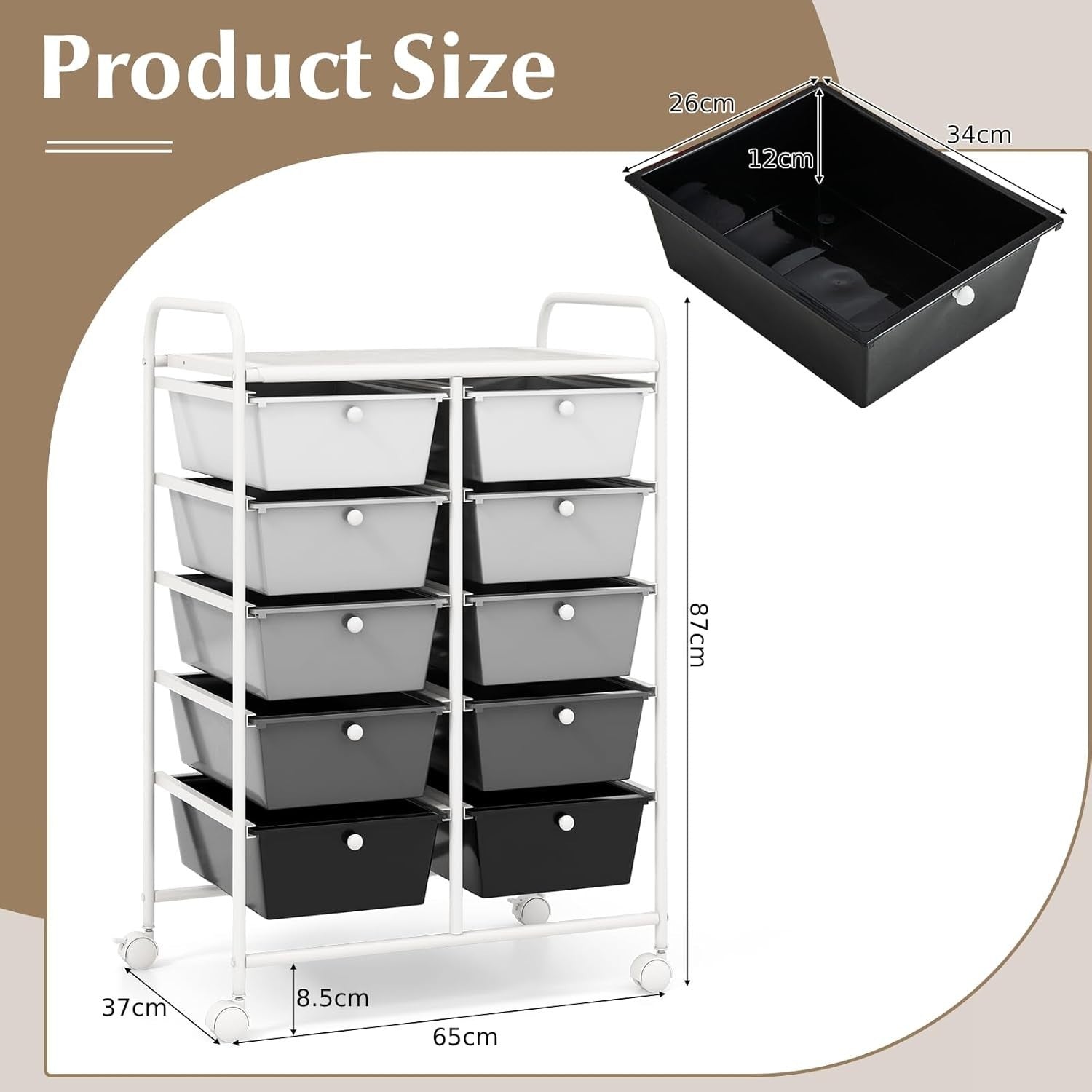 Gradient Black White 10 Drawer Rolling Storage Cart Utility Organizer