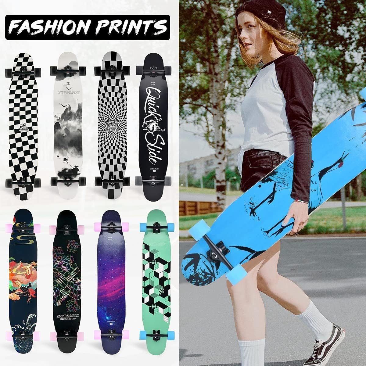 46" Longboard Skateboard Complete 8-Layer Maple Wood Deck Perfect for Teens & Ad