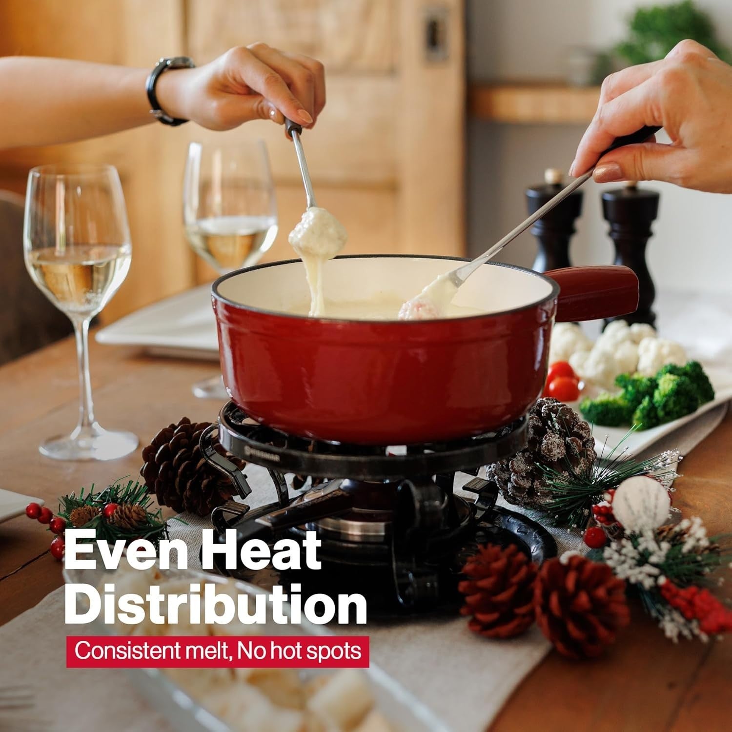 Cast Iron Fondue Set 9 Piece Cheese Chocolate Pot Red 2L Oven Safe