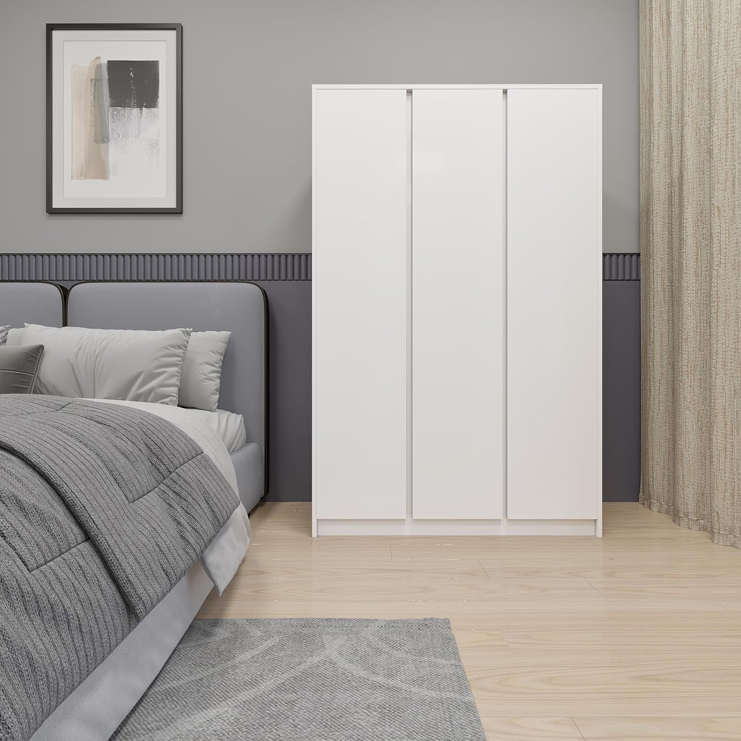 3 Door White Wardrobe Lockable Clothes Storage Spacious Modern Design