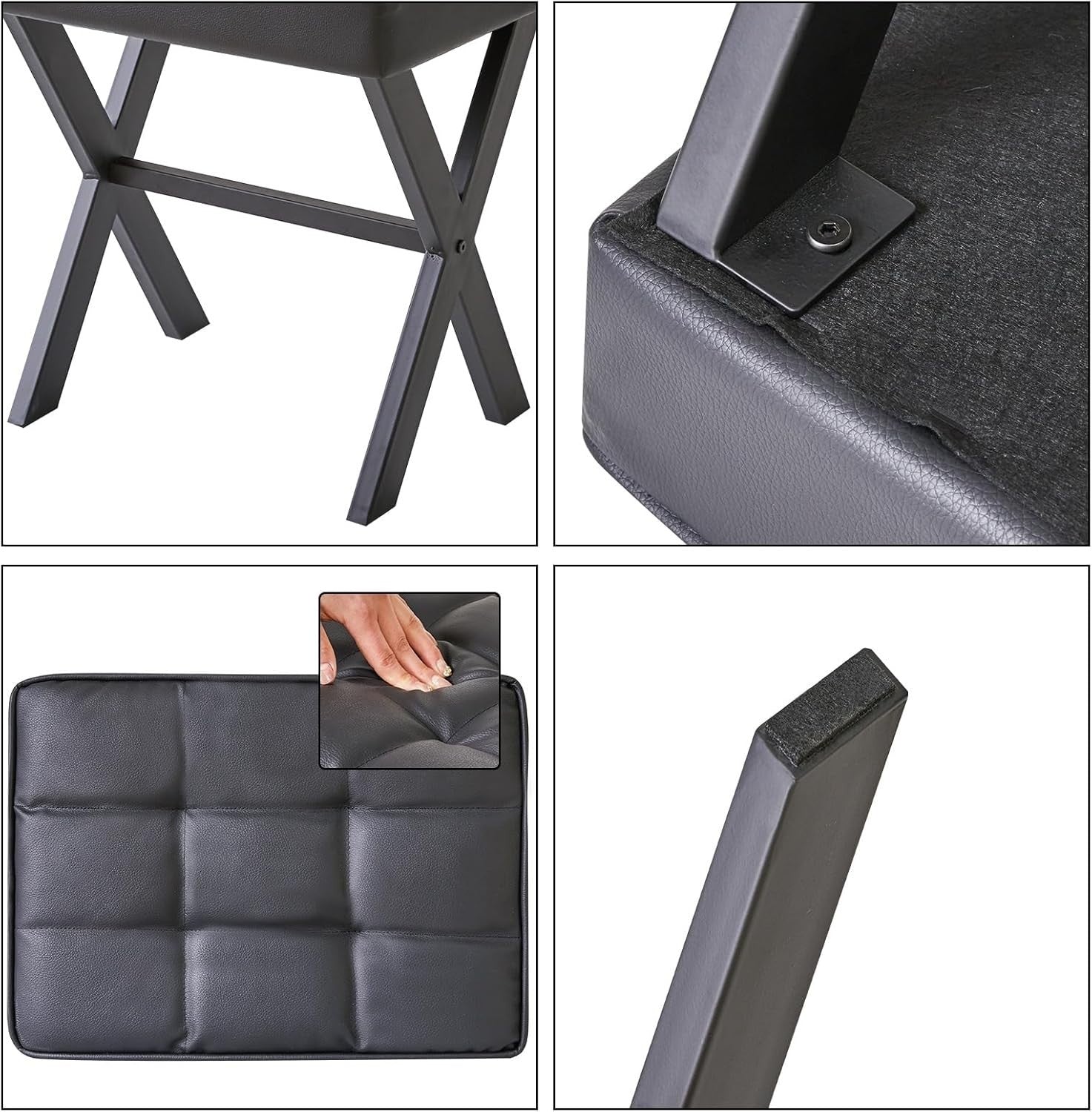 Black PU Square Makeup Stool with X-Leg Base – Vanity Footrest Ottoman