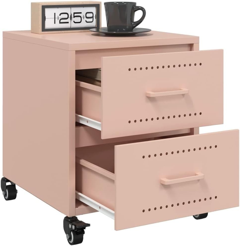 Set of 2 Pink Metal Bedside Tables with Drawers & Wheels | Modern