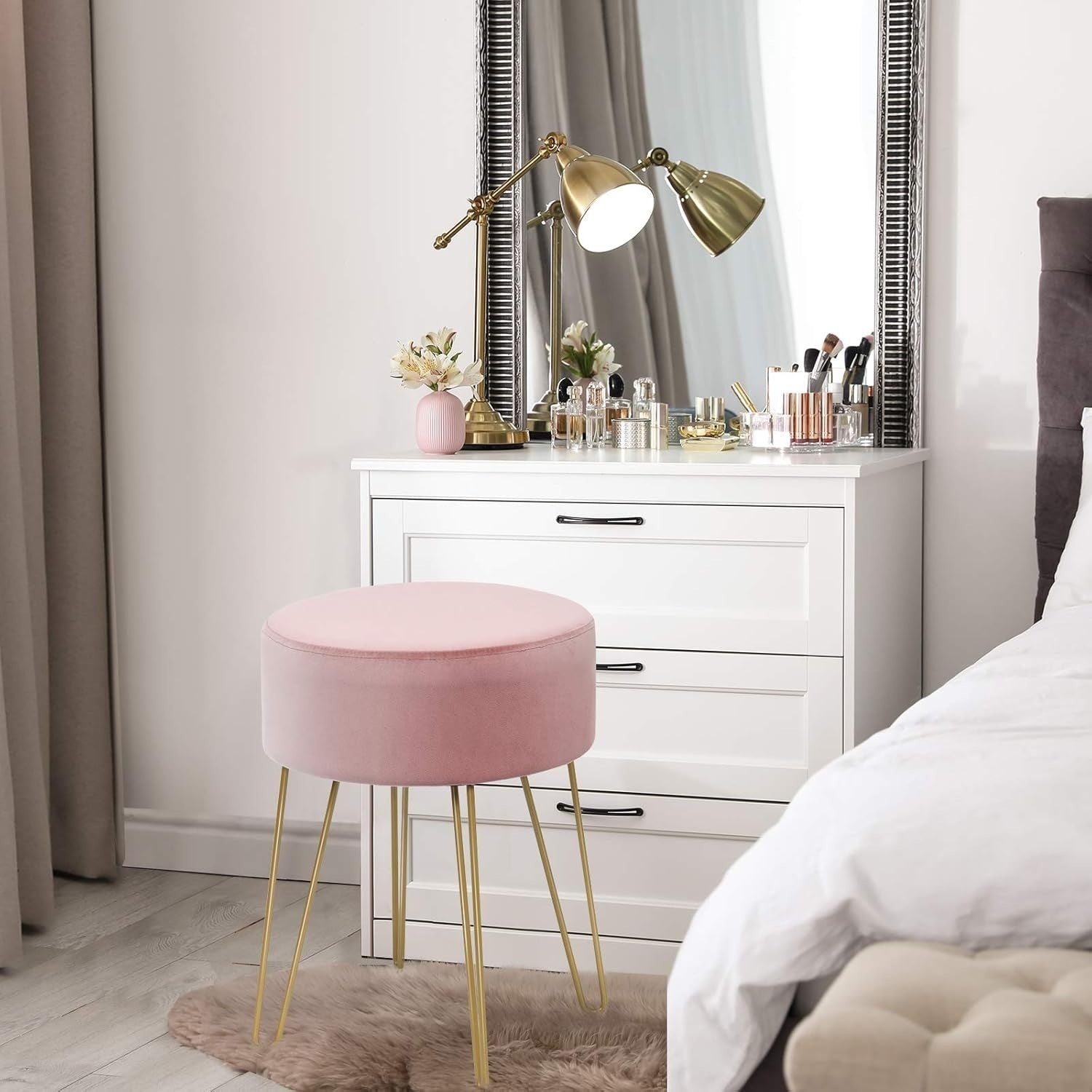 Pink Velvet Round Footstool Modern Dressing Table Stool with Metal Legs